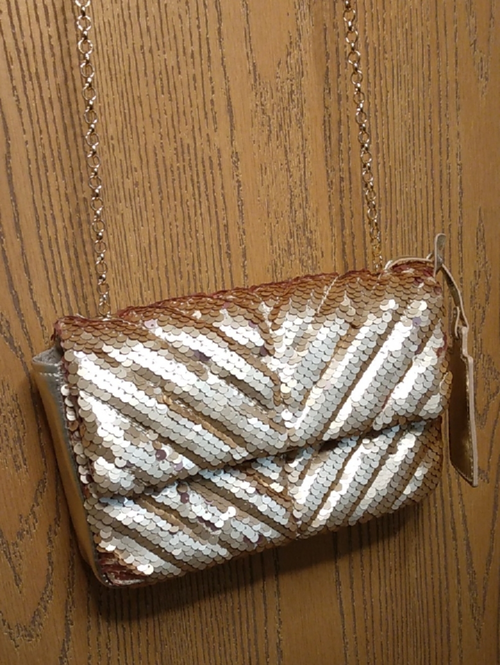 Nicole Miller Rose Gold Sequin Chevron Crossbody Bag With Chain Strap